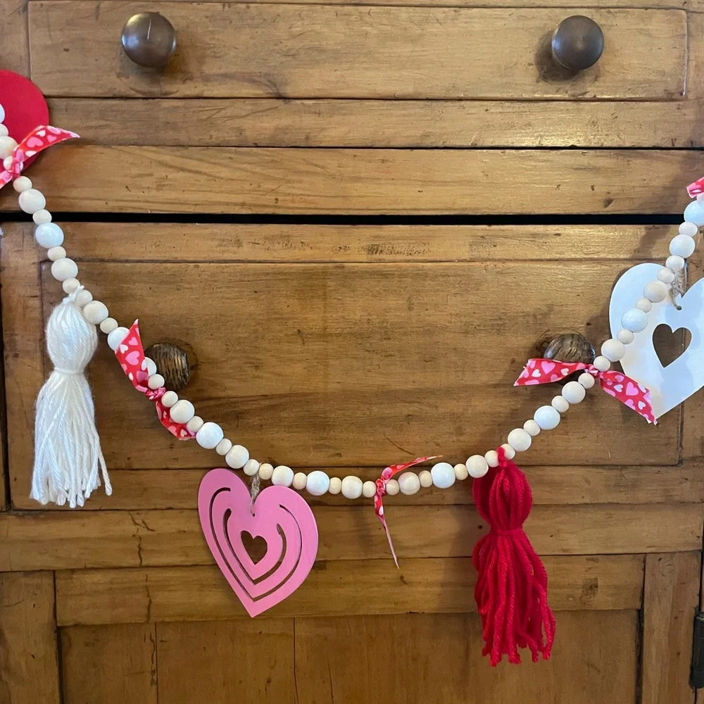Handmade Heart, Tassel, and Ribbon Garland with Pink, Red, and White 6 ft long